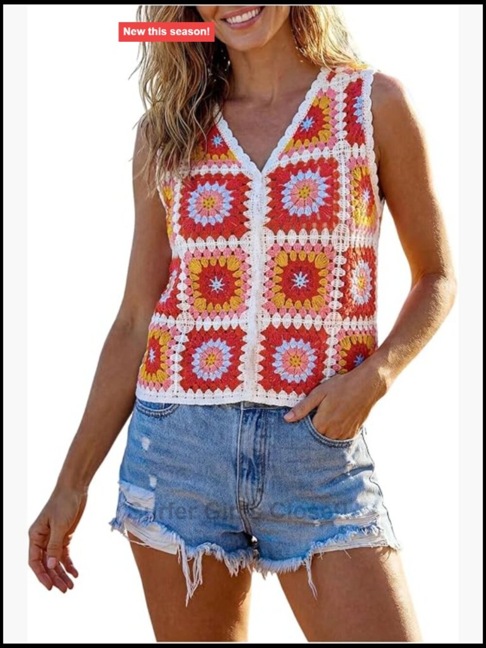 Women's Crochet Tank Top Boho Hollow Out V-Neck Sleeveless Casual Beach Top